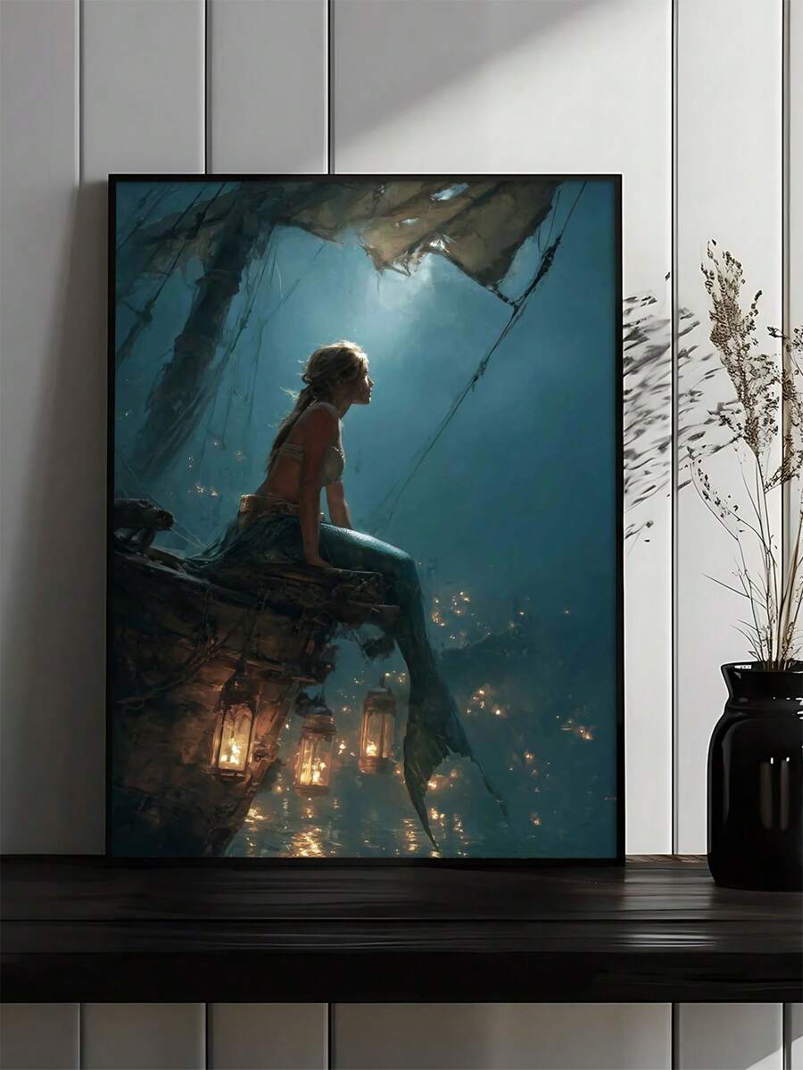 Teal underwater mermaid artwork with glowing lanterns