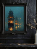 Dark pirate ship wall art with teal and amber lighting