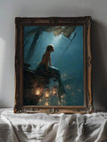 Mermaid with fish tail on a submerged wooden wreck
