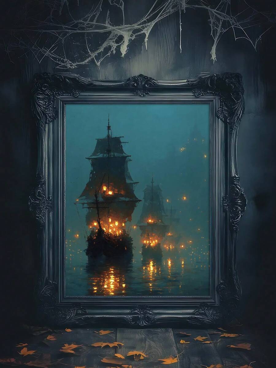 Nautical fantasy ships with lanterns in misty harbor