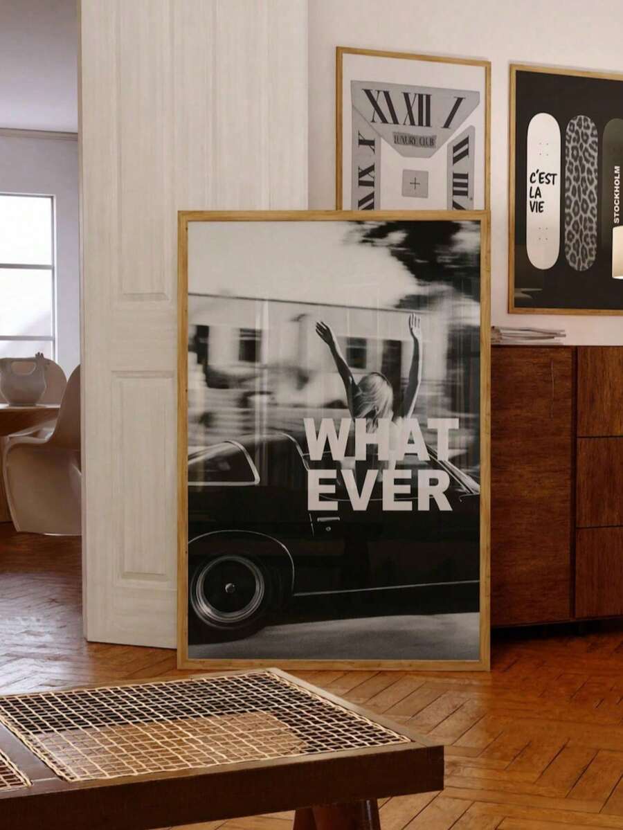 Bold animal print poster in a neutral modern interior