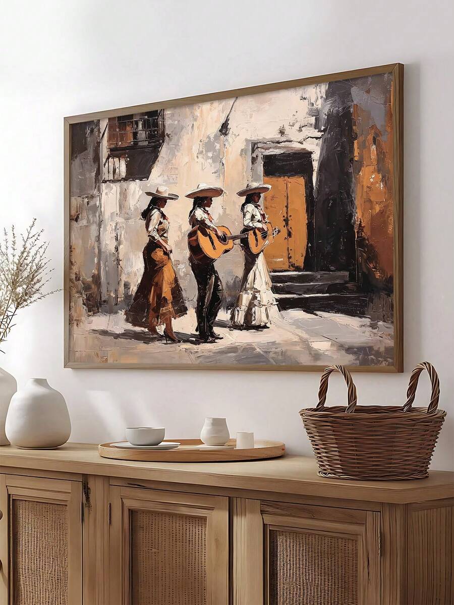 Mexican Mariachi Festive Female Musicians Vintage Street Scene Canvas Poster 