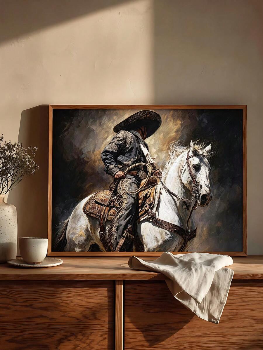 Mexican Mariachi female musicians Canvas poster featuring a festive vintage street scene. Perfect for dining rooms, music spaces, restaurants, cafés, and colorful decor.