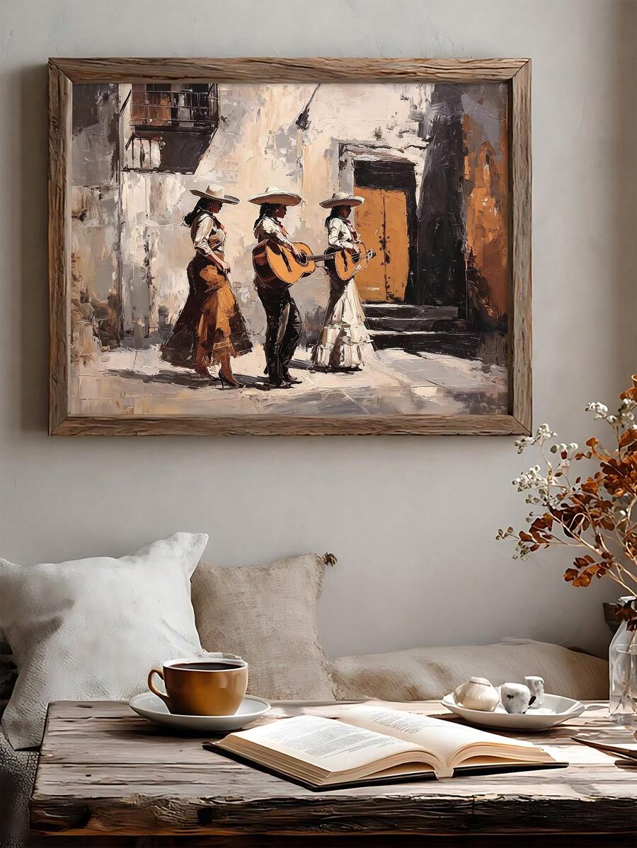 Mexican Mariachi Festive Female Musicians Vintage Street Scene Canvas Poster 