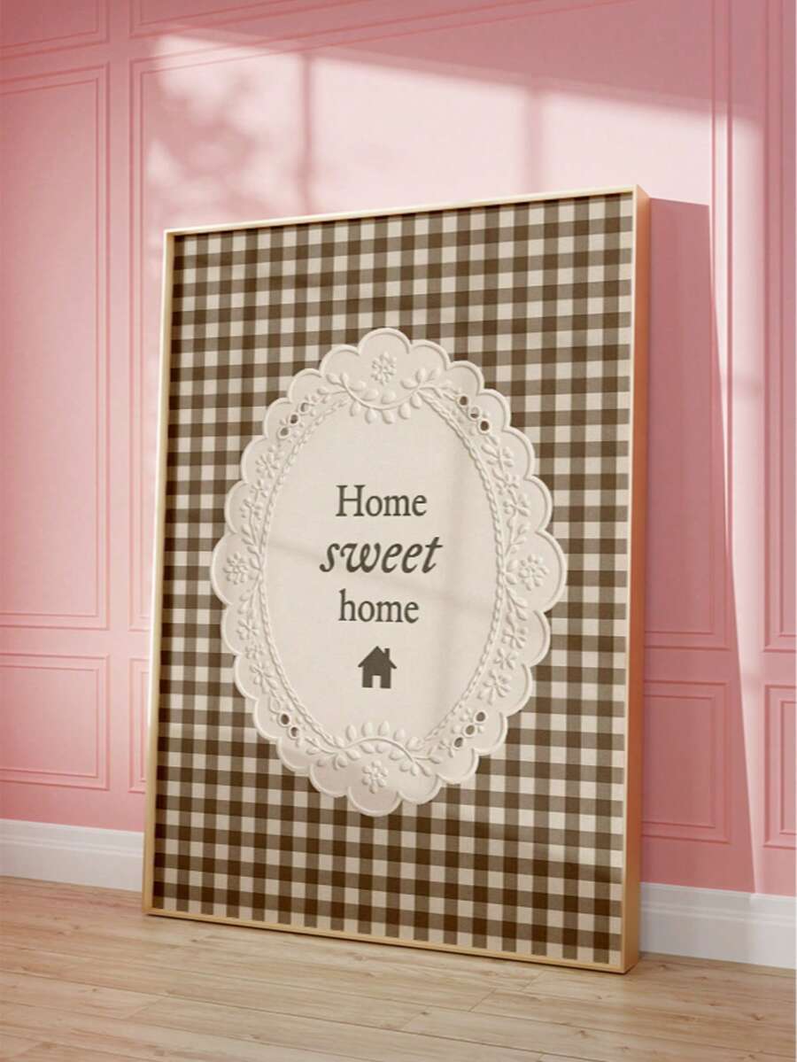 Gingham Home Sweet Home canvas print leaning in a rustic ivory and brown hallway