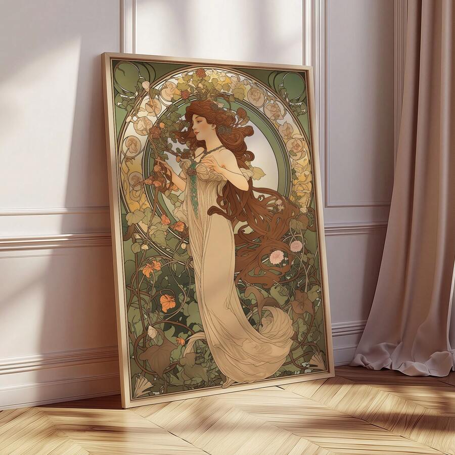 Art Nouveau Style Cute Girl & Green Plants Chic Vintage Canvas Poste
