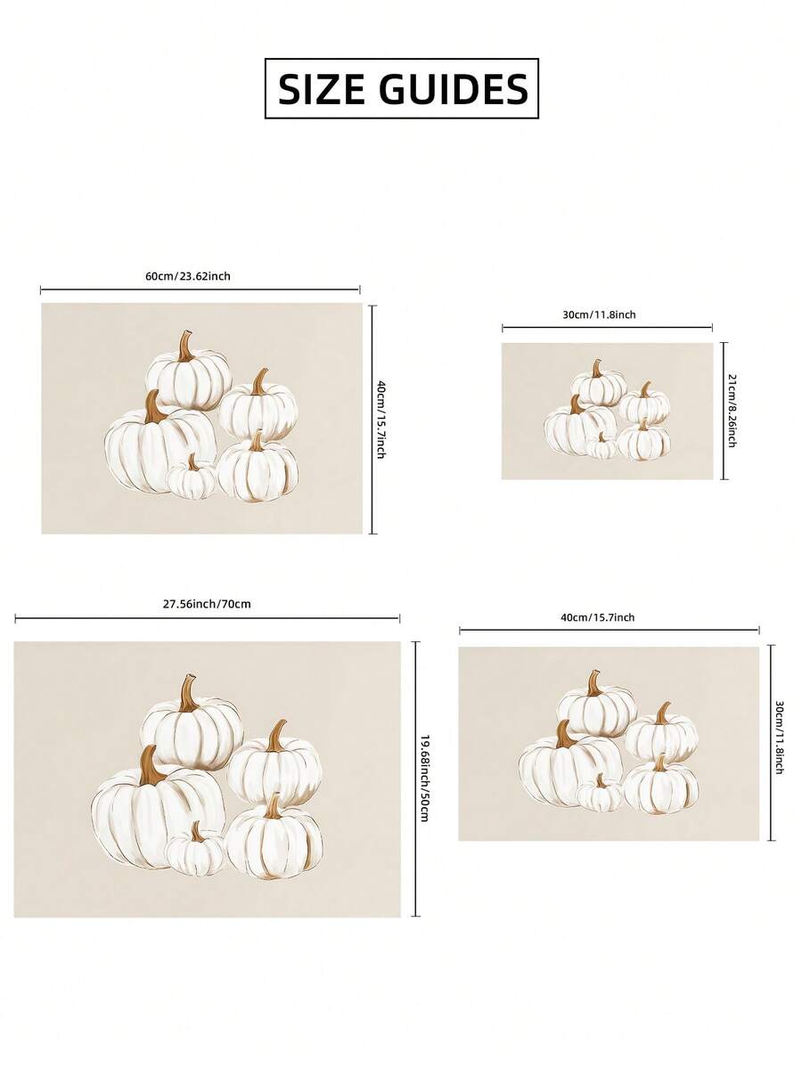 Size guide for minimalist white pumpkin canvas poster in four landscape dimensions