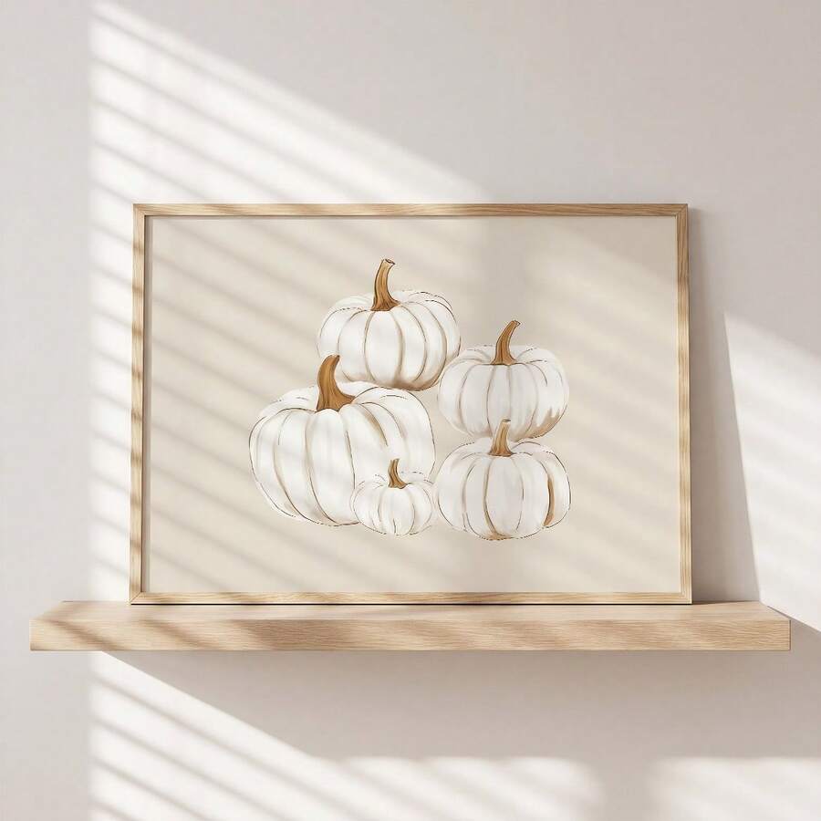 Framed white pumpkin canvas print leaning beside a wood dresser in a sunlit bedroom