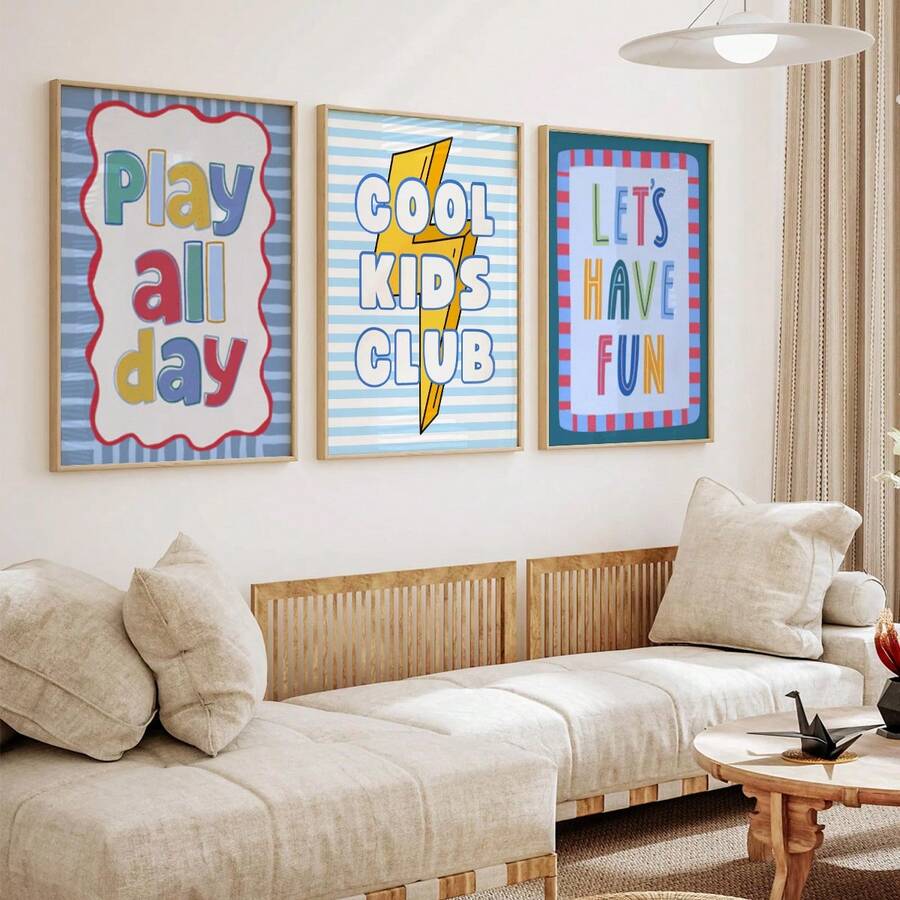 Close-up view of cheerful cartoon quote artwork on canvas