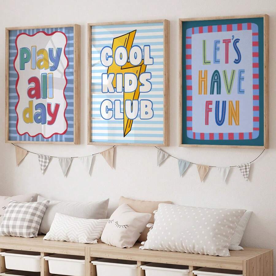 Playful quote canvas poster set styled as colorful kids wall decor