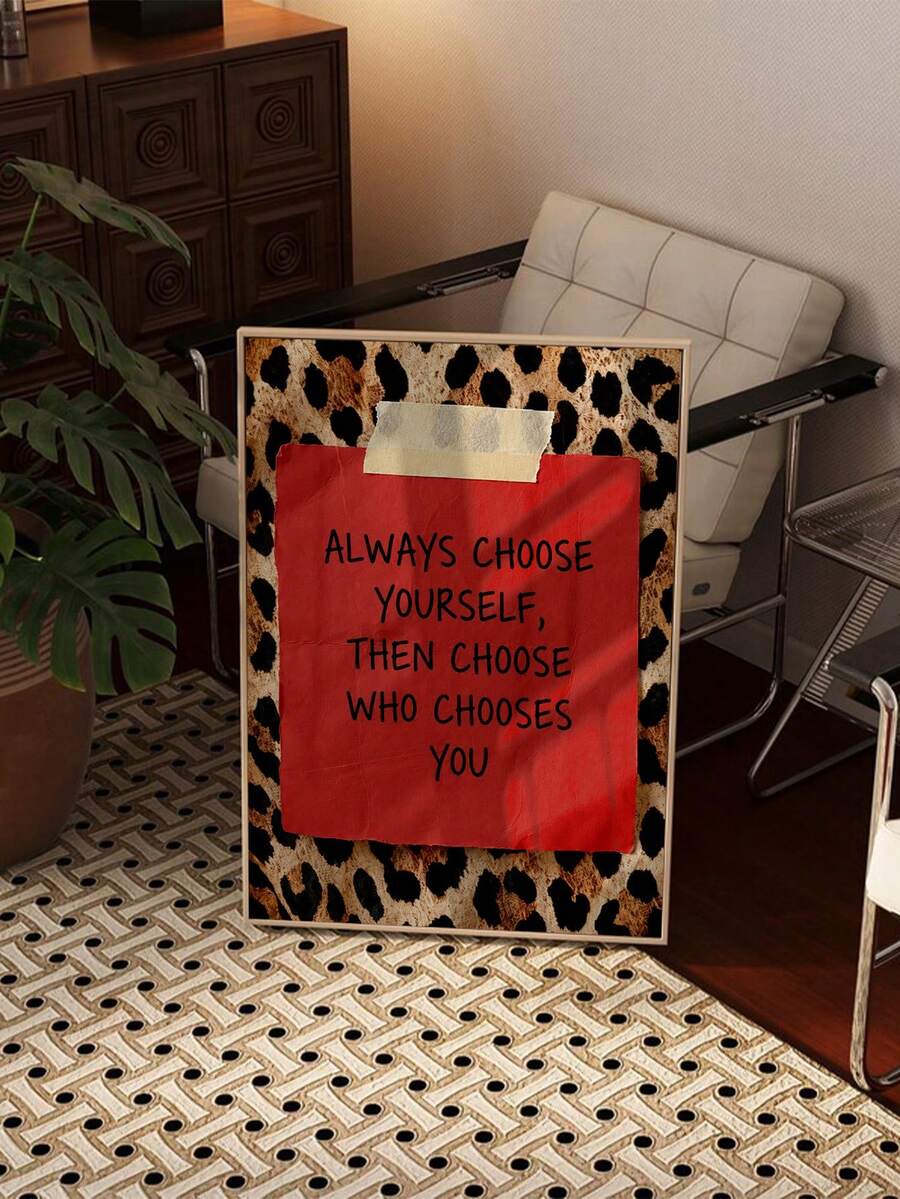 Red leopard motivational wall art styled in a modern office lounge