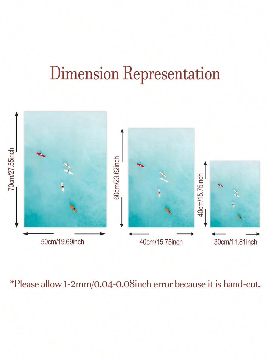 Size guide for unframed teal ocean surf canvas posters in three vertical dimensions