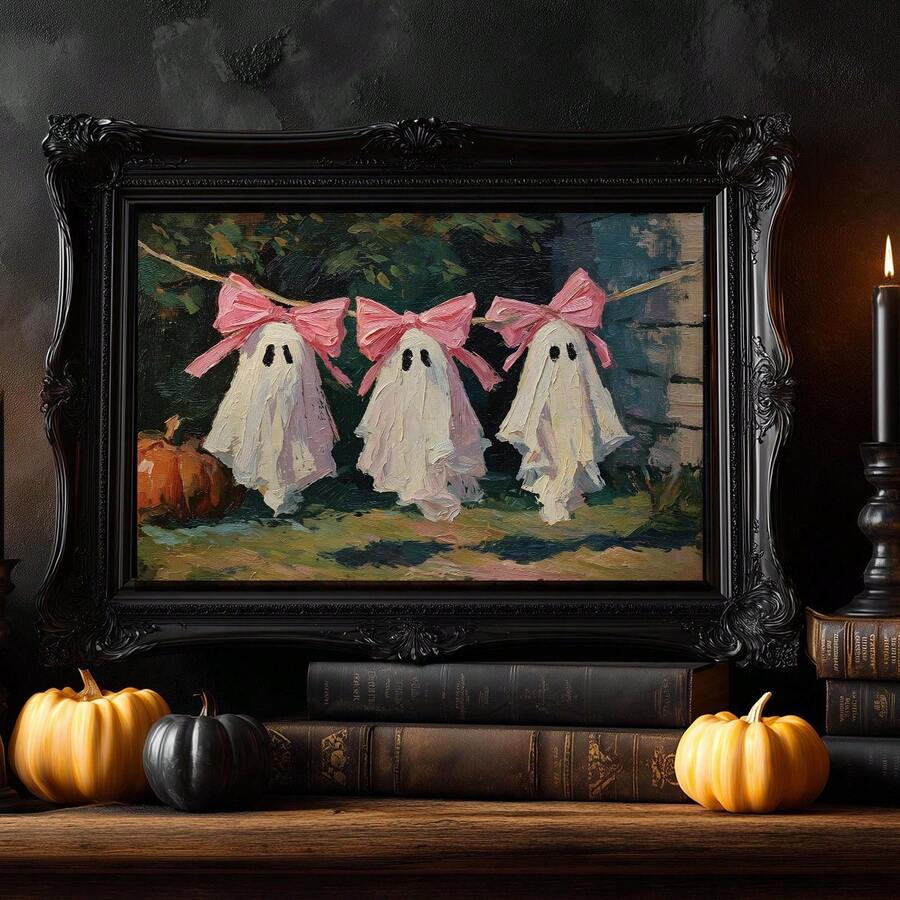 Vintage-style pink ghost canvas poster in an ornate black frame on a shelf