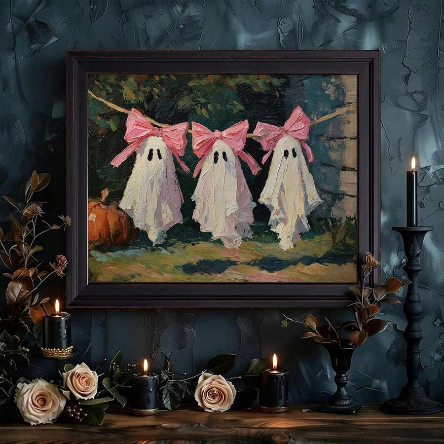 Pink ghost and pumpkin canvas poster displayed above a dark candlelit mantel