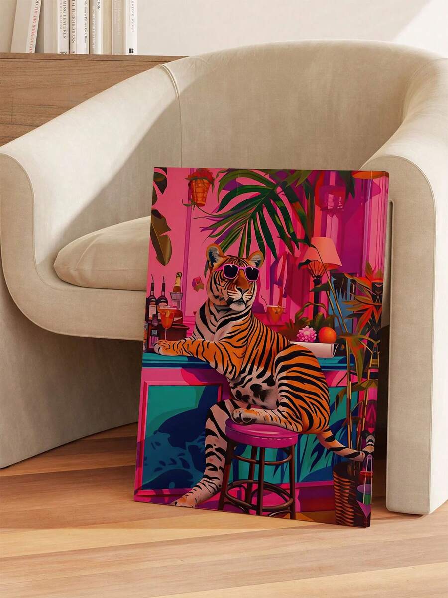 Sunglasses tiger in colorful jungle canvas art