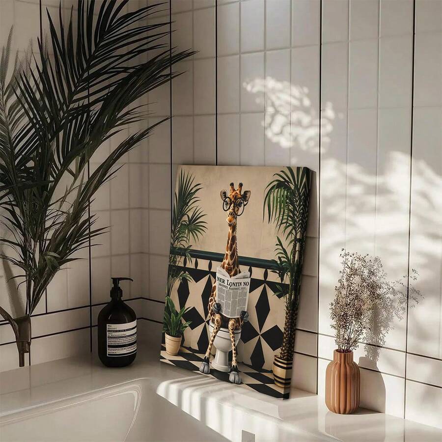Whimsical tropical bathroom poster in mustard and green