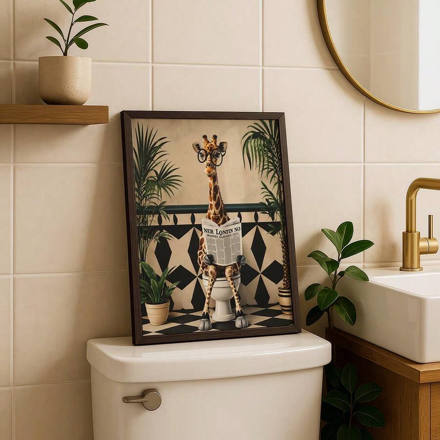 Giraffe reading newspaper on toilet canvas art