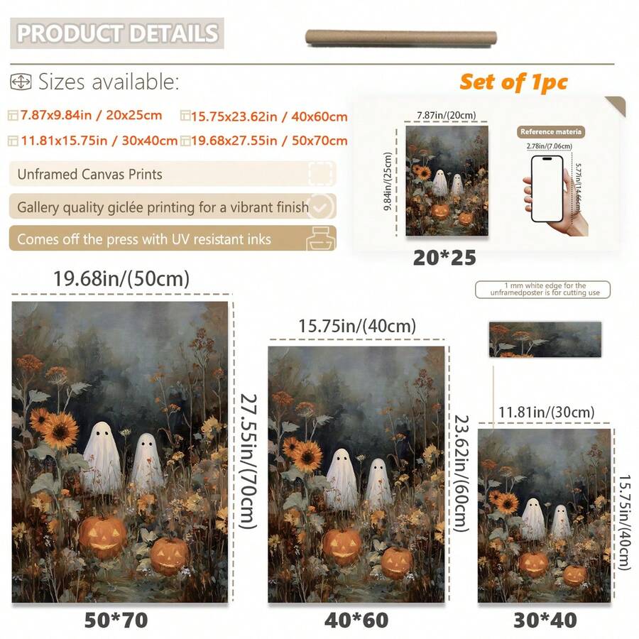 Size guide showing ghost and sunflower canvas in multiple portrait dimensions