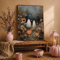 Ghost sunflower pumpkin artwork on a woven bench beside a vase and pink lantern