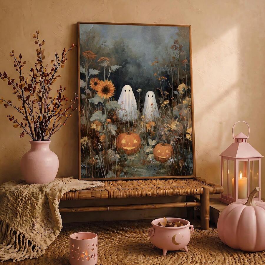 Ghost sunflower pumpkin artwork on a woven bench beside a vase and pink lantern