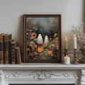 Framed ghost and pumpkin canvas on a mantel beside antique books and candlelight