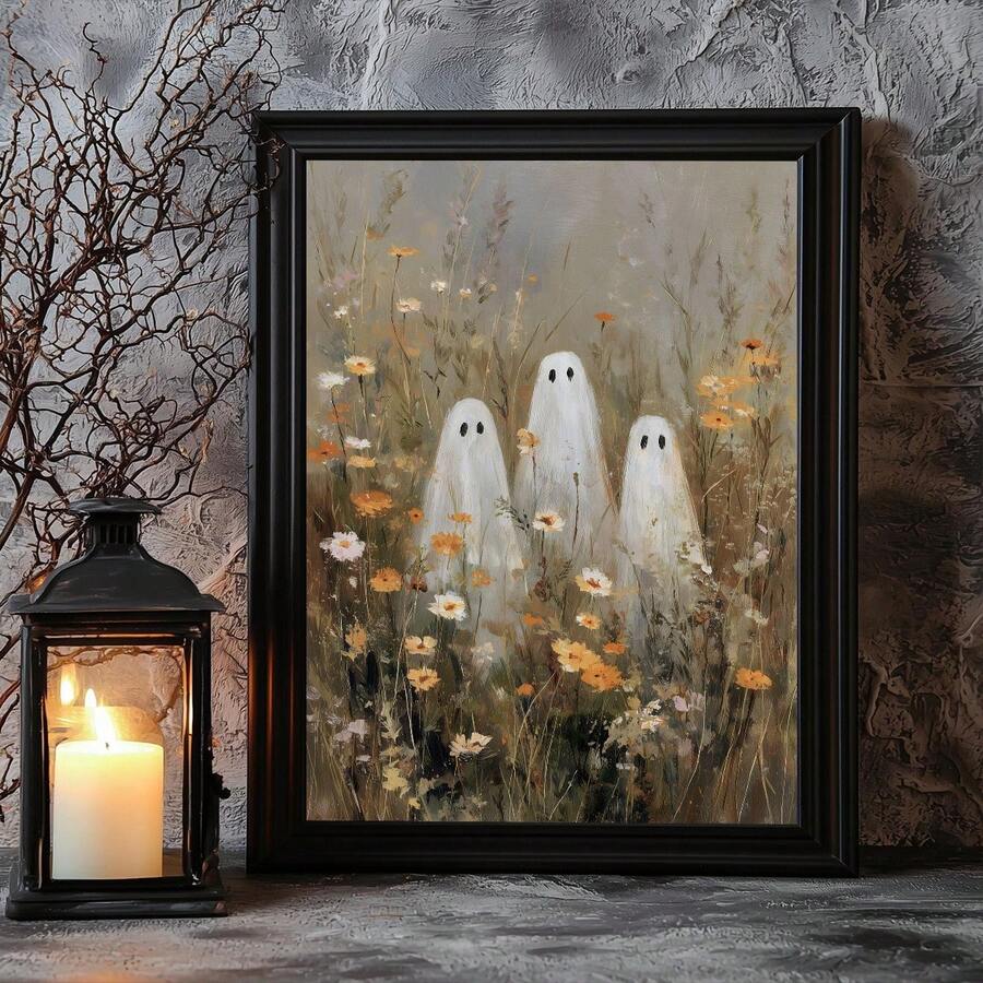 Framed canvas showing two sheet ghosts among orange sunflowers and glowing pumpkins