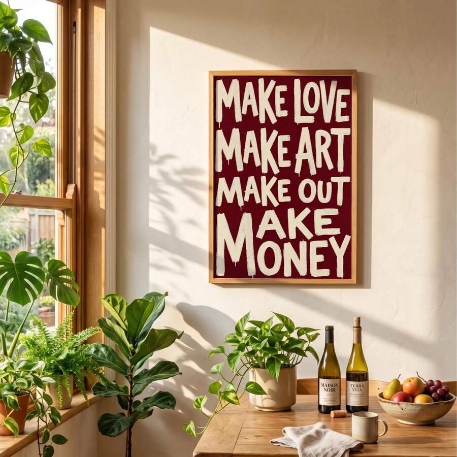 Hand-painted motivational typography wall art in natural wood frame