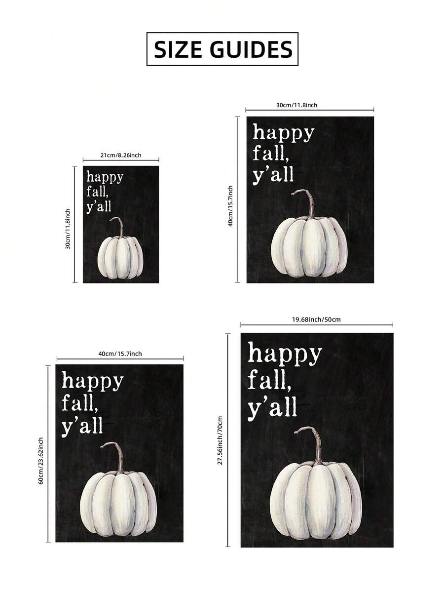 Size guide for happy fall y’all pumpkin canvas poster from 21 by 30 to 50 by 70 centimeters