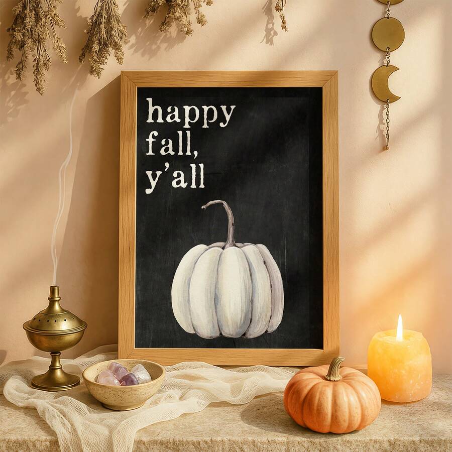 Witchy fall pumpkin wall art above a textile-covered table with crystals and candles