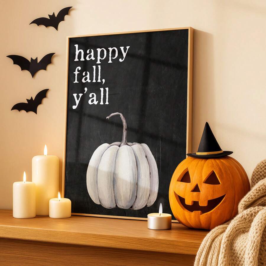Halloween pumpkin canvas poster displayed on a mantel with bats and jack-o-lanterns