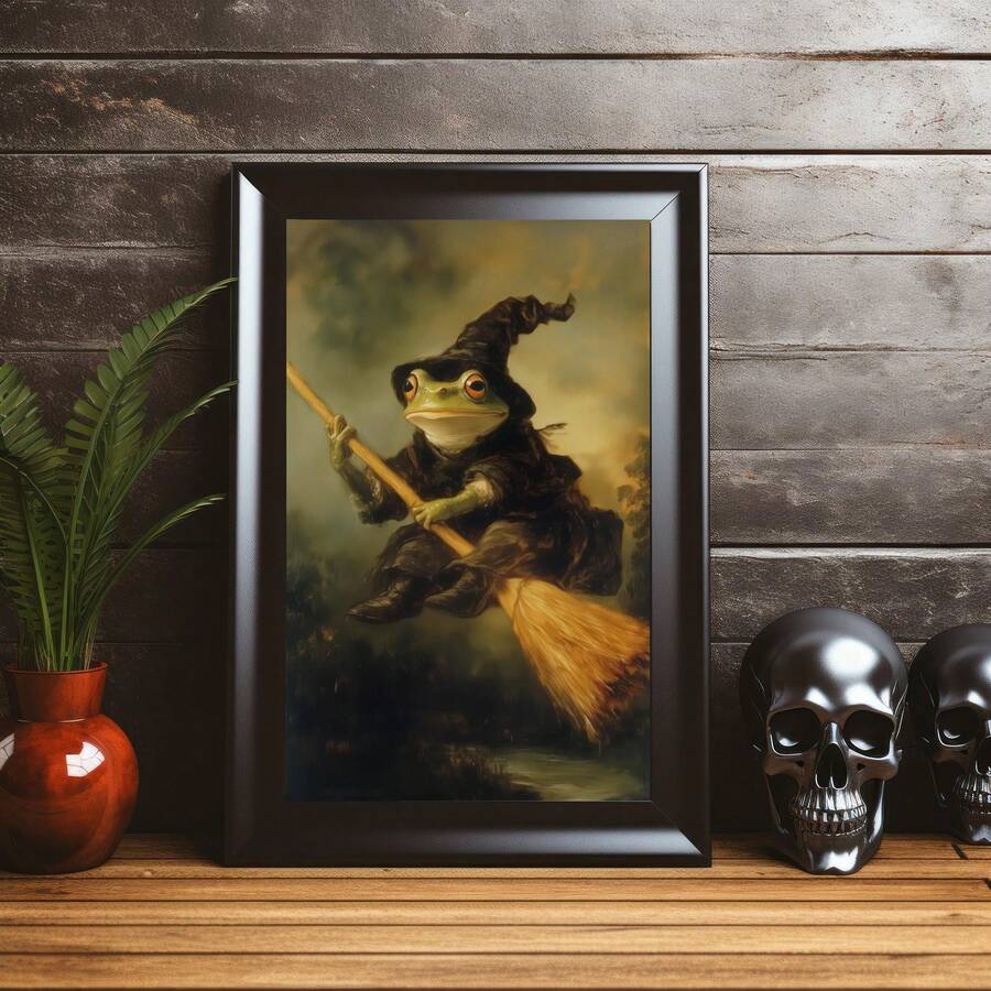 Vintage Dark Academia Witch Frog Riding Broom Canvas Poster
