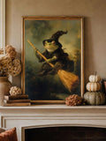 Vintage Dark Academia Witch Frog Riding Broom Canvas Poster