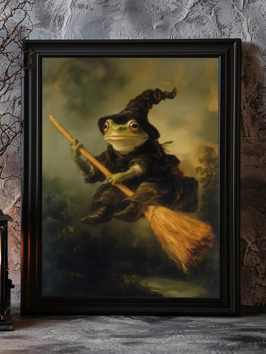 Vintage Dark Academia Witch Frog Riding Broom Canvas Poster