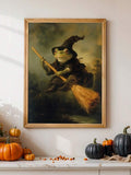 Vintage Dark Academia Witch Frog Riding Broom Canvas Poster