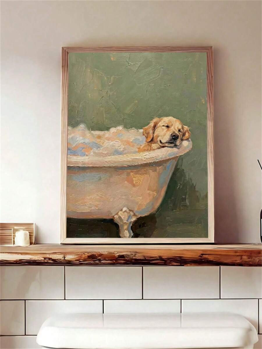 Tabby cat reading book bathroom canvas art