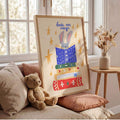 Framed bunny reading print beside cushions and a teddy bear