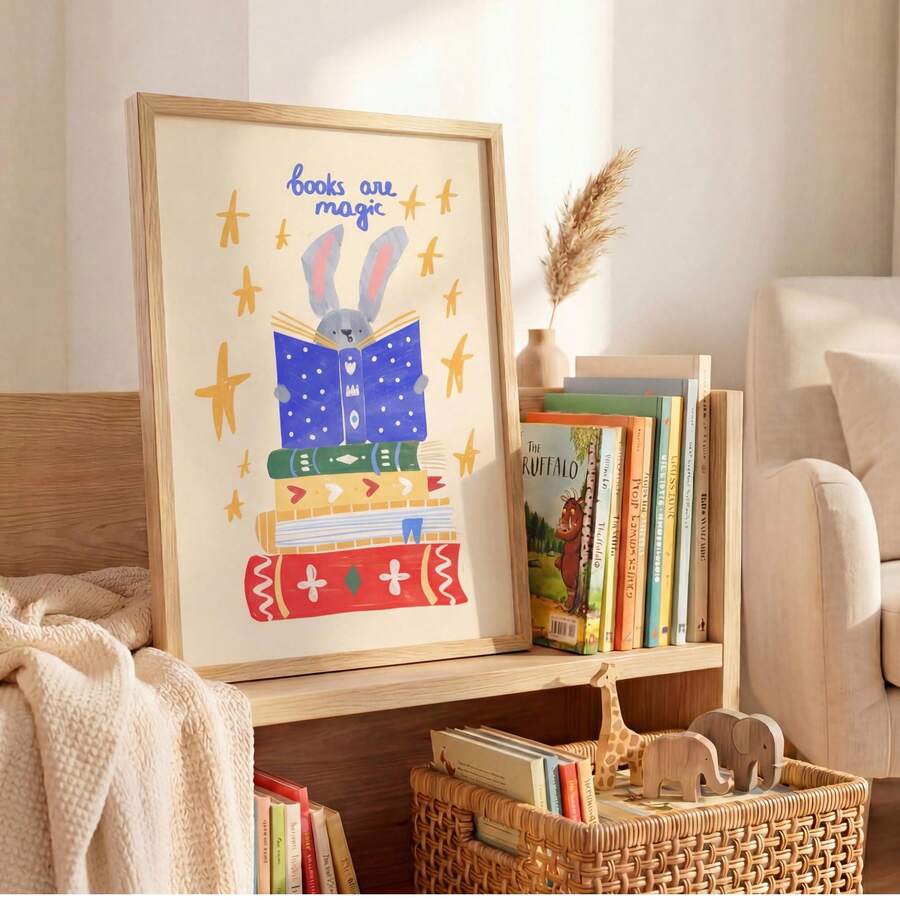 Books are magic bunny wall art beside a children bookshelf