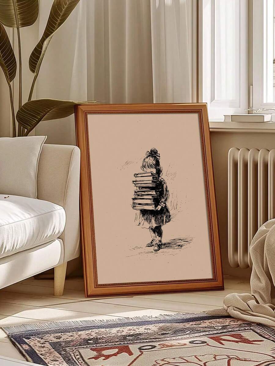 Framed book lover line art poster styled on a warm wood floor