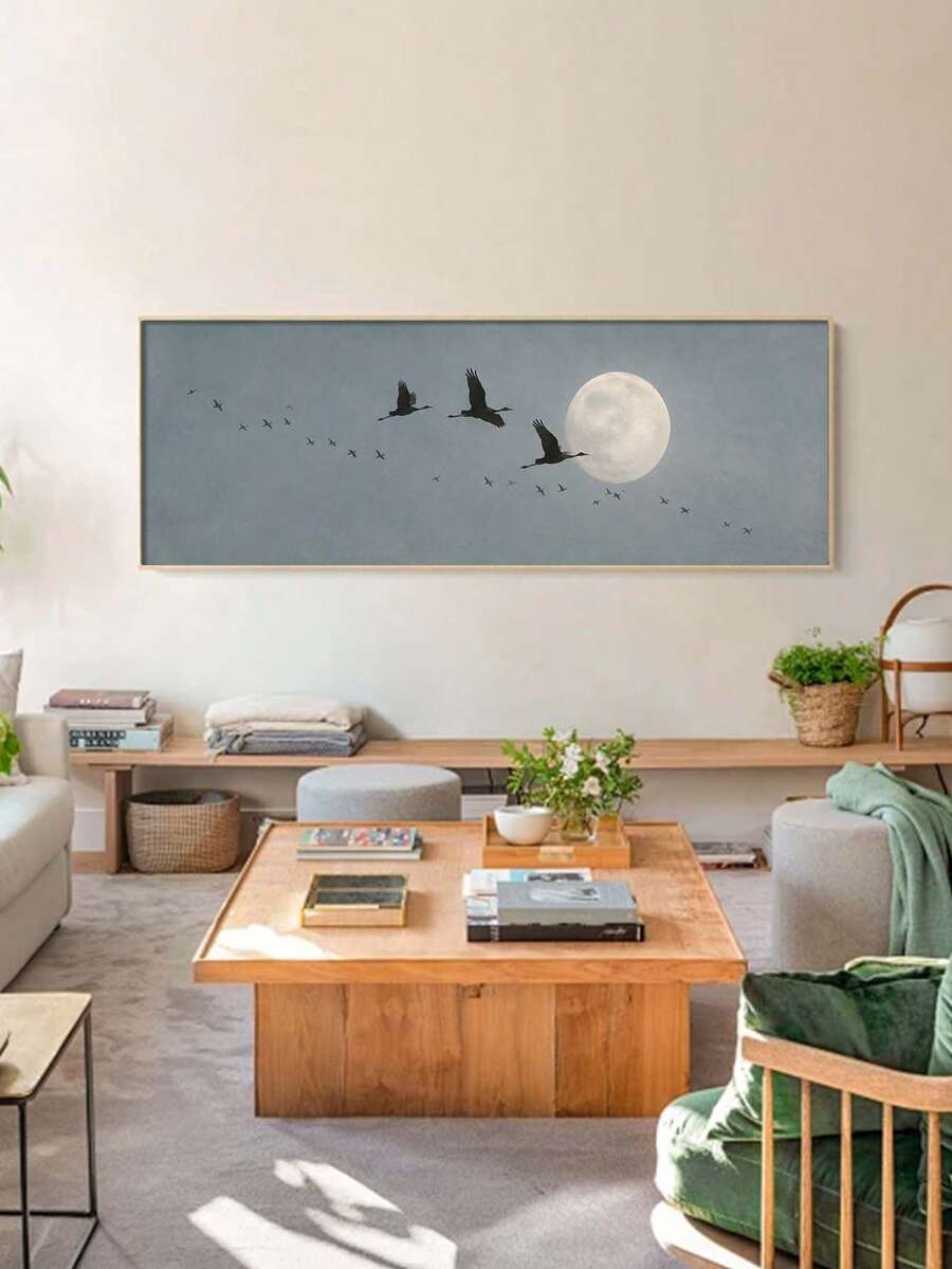 Moon And Flying Birds Minimalist Nature Blue Night Sky Scandinavian Canvas Poster 