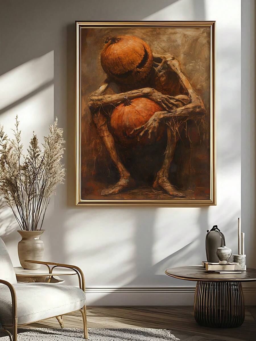 Dark Gothic Jack O Lantern Pumpkin Head Girl Canvas poster with dramatic Halloween fantasy style. Perfect for gothic, witchcore, autumn, and spooky decor.