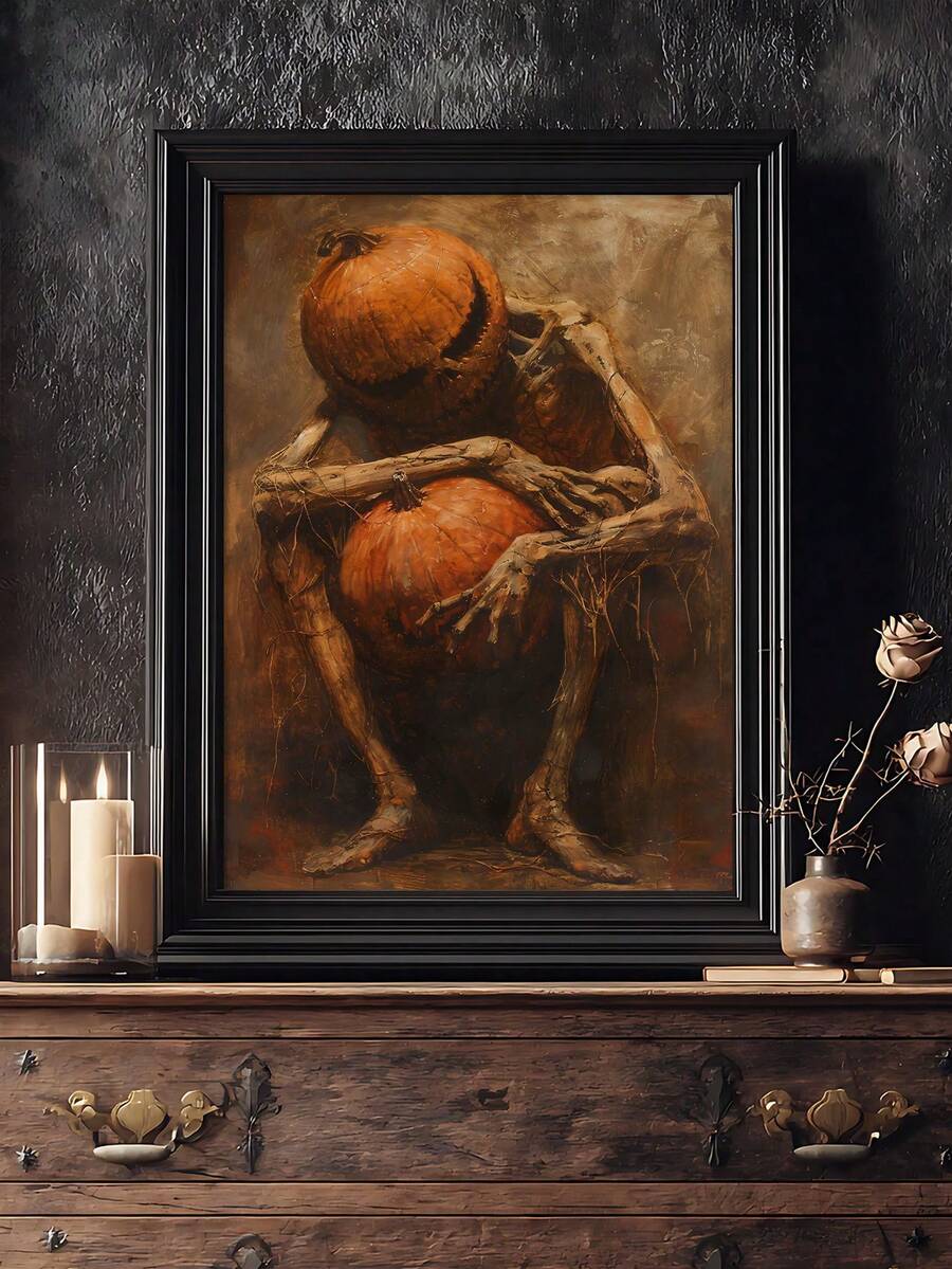 Dark Gothic Jack O Lantern Pumpkin Head Girl Canvas poster with dramatic Halloween fantasy style. Perfect for gothic, witchcore, autumn, and spooky decor.