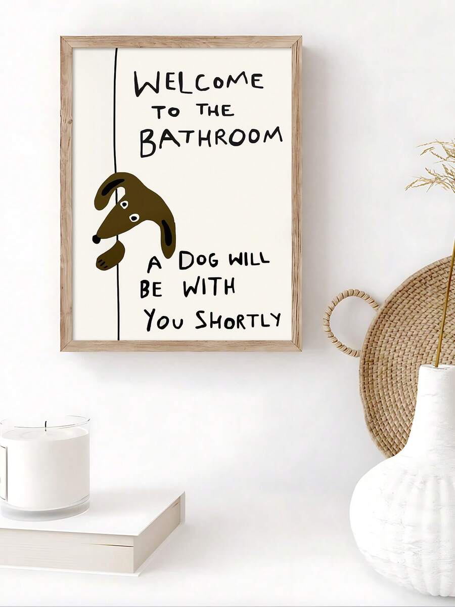 Natural wood framed dog bathroom sign in a neutral bathroom
