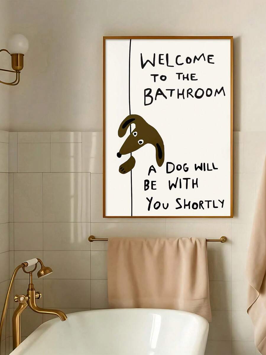 Brown framed dog bathroom wall art displayed above a bathtub