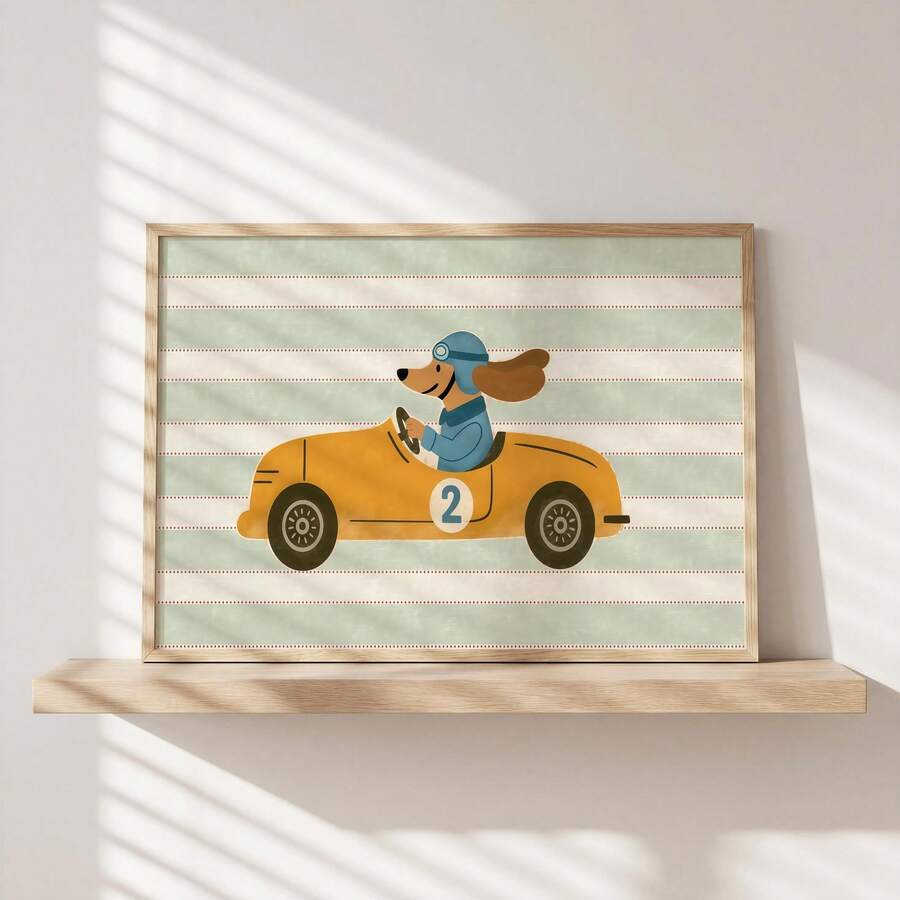 Unframed dog and orange racing car print beside a living room sofa