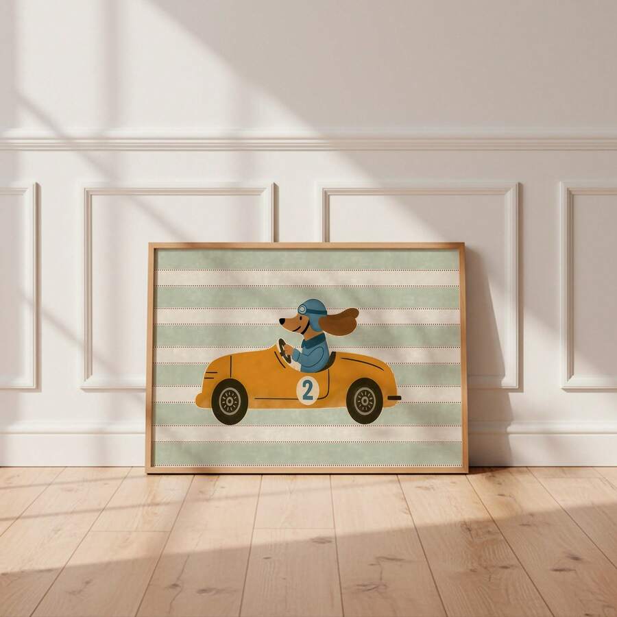 Orange race car dog canvas print styled near a mid-century cabinet