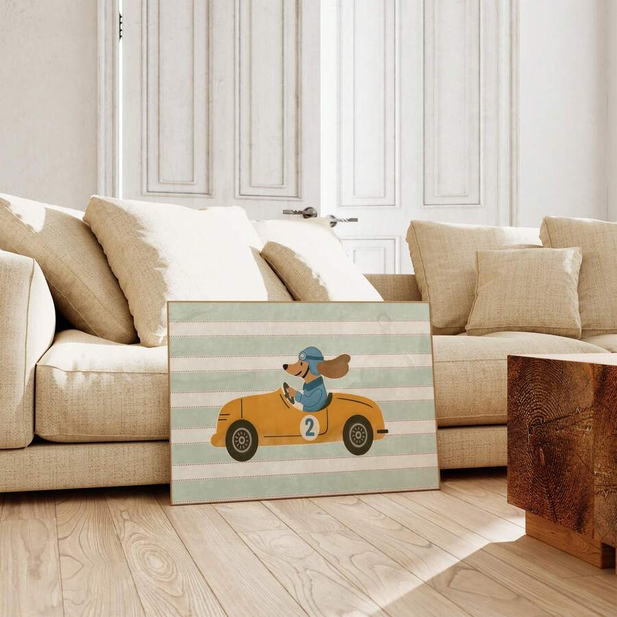 Cartoon dog driving orange number two race car canvas poster