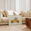 Retro dog race car artwork styled above a green wall shelf