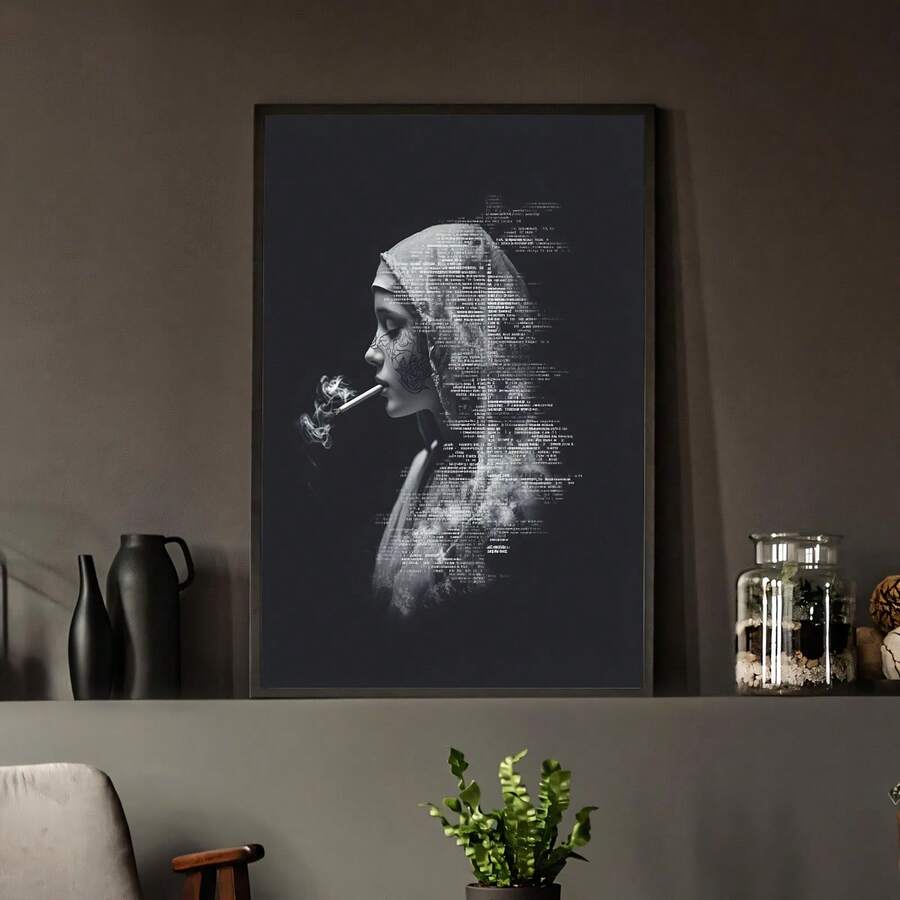 Black framed smoking woman portrait displayed on a dark interior shelf