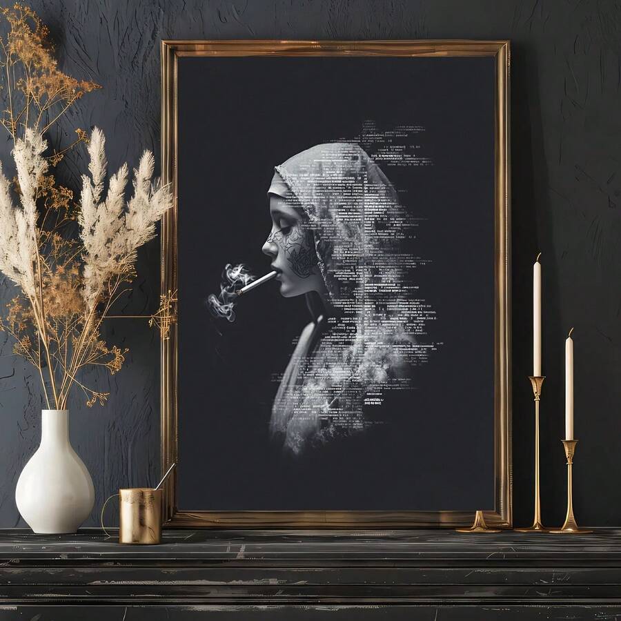 Smoking woman double-exposure portrait beside dried flowers and candles