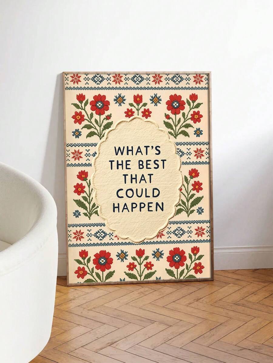 Vintage floral folk art poster with an optimistic quote displayed in a sunlit room